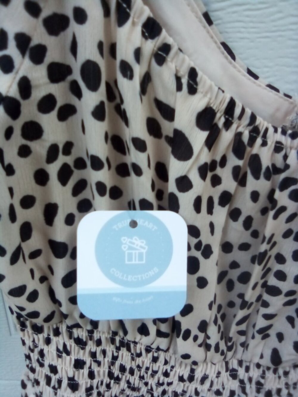 Catonsville Mercantile Ruffled V-Neck Mini Dress. Beige w/ Leopard Print, Small - Picture 3 of 3